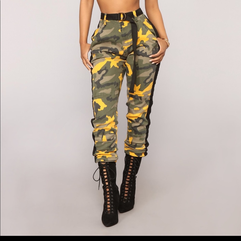 “Oversized” black and yellow camo pants